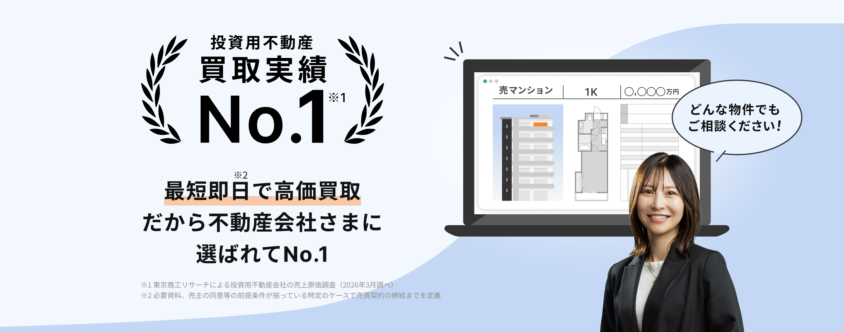 投資用不動産 買取実績No.1（※1） 最短即日（※2）で高価買取だから不動産会社さまに選ばれてNo.1。※1 東京商工リサーチによる投資用不動産会社の売上原価調査(2026年3月調べ)。※2 必要資料、売主の同意等の前提条件が揃っている特定のケースで売買契約の締結までを定義